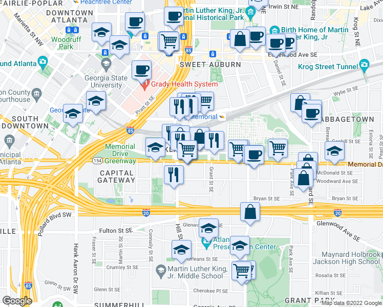 map of restaurants, bars, coffee shops, grocery stores, and more near Martin Luther King Jr Dr SE & Fort St SE in Atlanta