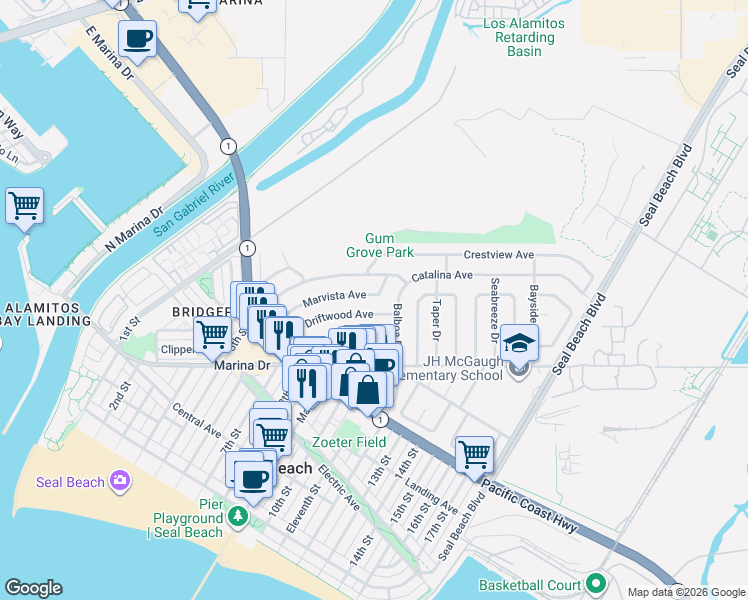 map of restaurants, bars, coffee shops, grocery stores, and more near 1015 Driftwood Avenue in Seal Beach