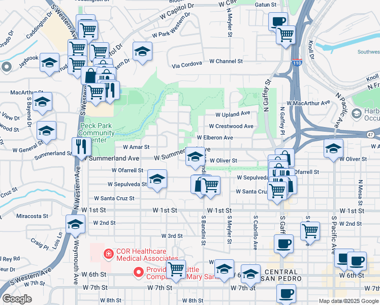 map of restaurants, bars, coffee shops, grocery stores, and more near 1062 West Oliver Street in Los Angeles