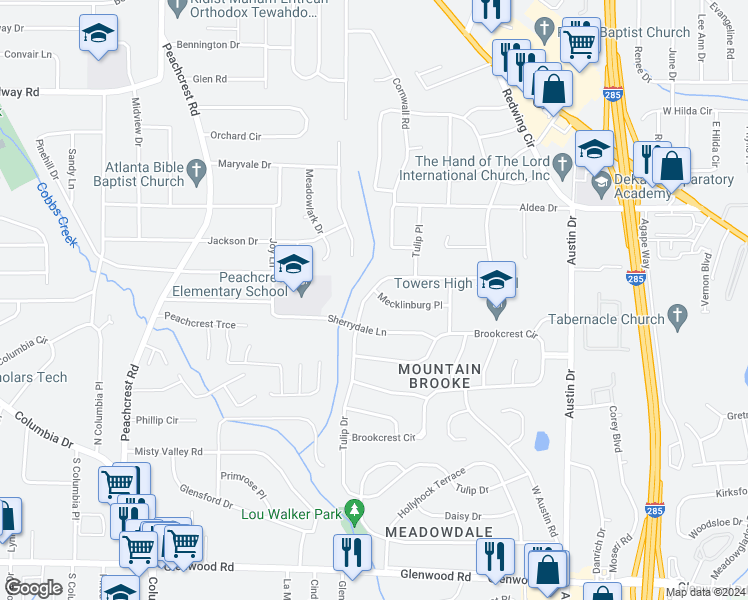 map of restaurants, bars, coffee shops, grocery stores, and more near 3356 Tulip Drive in Decatur
