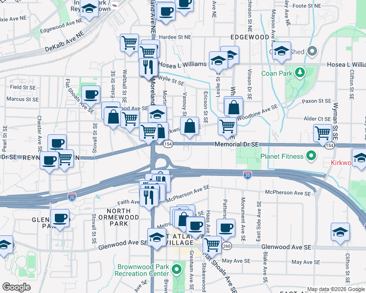map of restaurants, bars, coffee shops, grocery stores, and more near 235 Vannoy Park Lane Drive Southeast in Atlanta