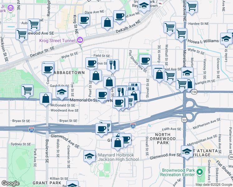 map of restaurants, bars, coffee shops, grocery stores, and more near 890 Memorial Drive Southeast in Atlanta