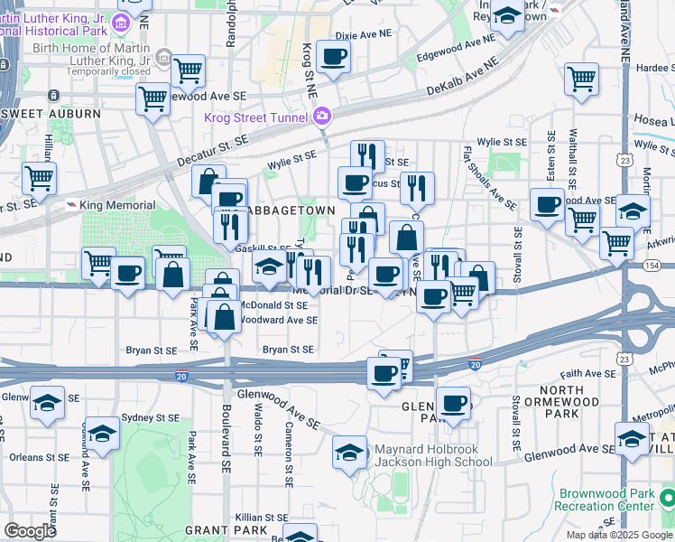 map of restaurants, bars, coffee shops, grocery stores, and more near 260 Estoria Street Southeast in Atlanta
