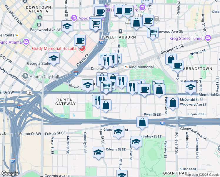 map of restaurants, bars, coffee shops, grocery stores, and more near 291 Martin Luther King Junior Drive Southeast in Atlanta