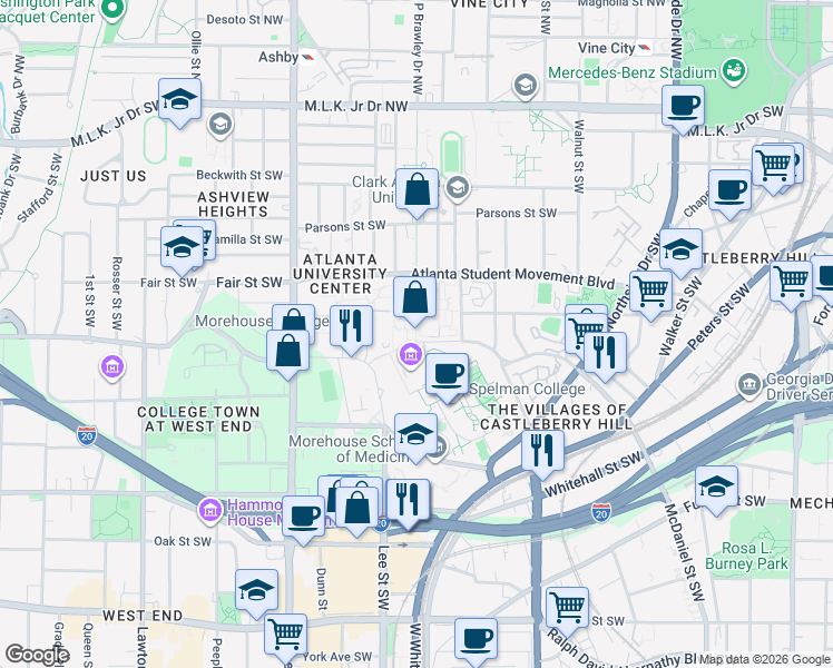 map of restaurants, bars, coffee shops, grocery stores, and more near 260 James P Brawley Drive Southwest in Atlanta