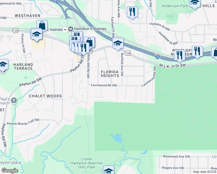 map of restaurants, bars, coffee shops, grocery stores, and more near 2342 Larchwood Road Southwest in Atlanta