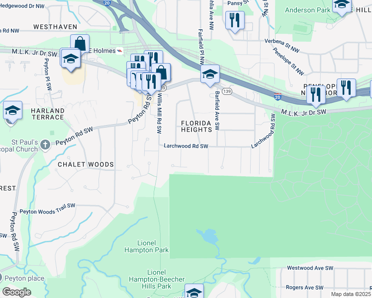 map of restaurants, bars, coffee shops, grocery stores, and more near 2358 Larchwood Road Southwest in Atlanta