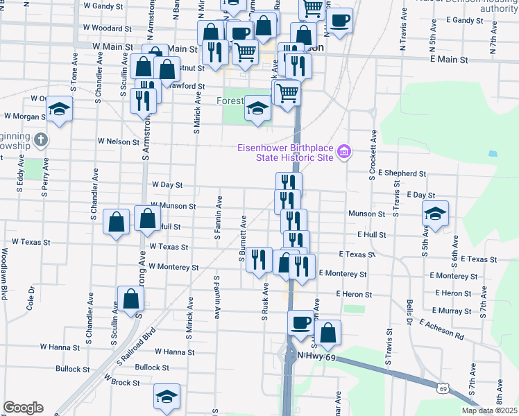 map of restaurants, bars, coffee shops, grocery stores, and more near 330 West Munson Street in Denison