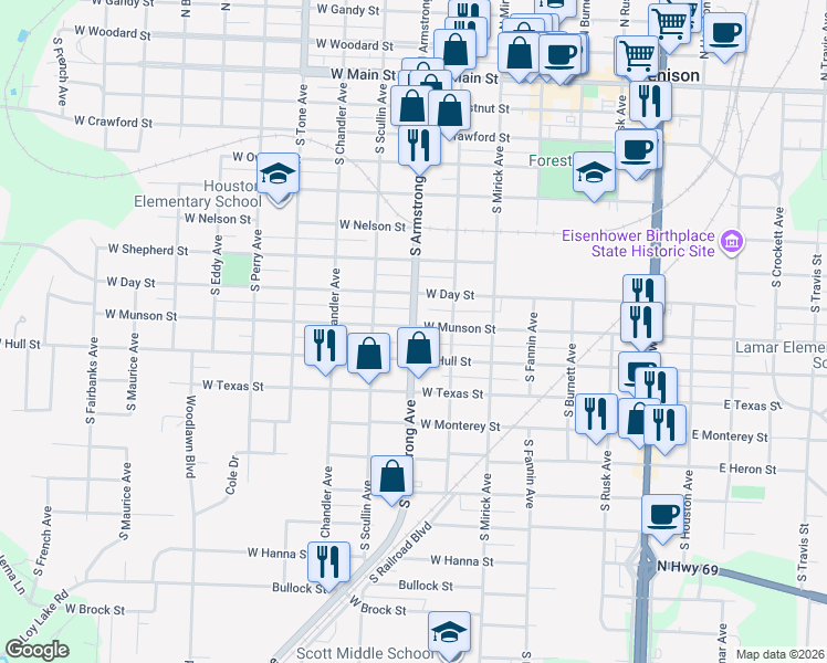 map of restaurants, bars, coffee shops, grocery stores, and more near 900 South Armstrong Avenue in Denison