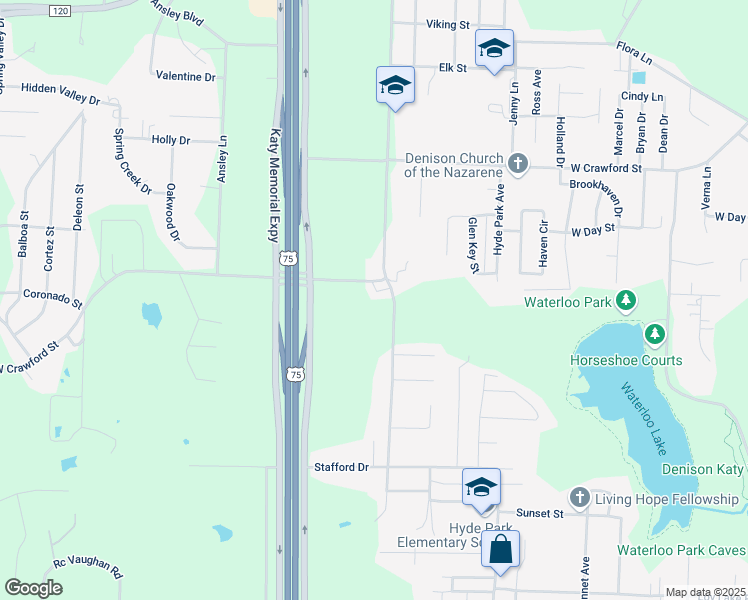 map of restaurants, bars, coffee shops, grocery stores, and more near 3260 West Crawford Street in Denison