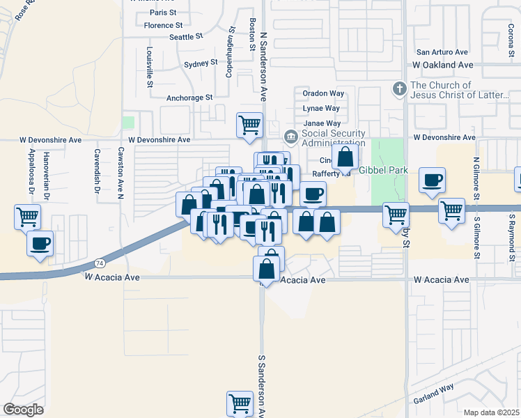 map of restaurants, bars, coffee shops, grocery stores, and more near 3301 West Florida Avenue in Hemet
