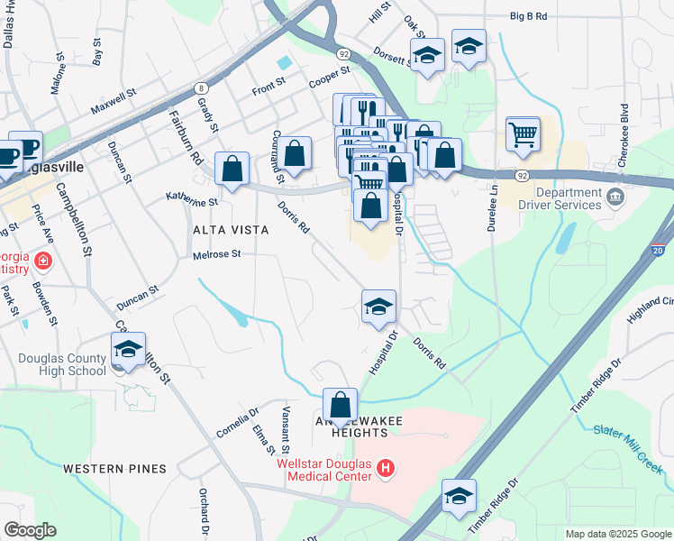 map of restaurants, bars, coffee shops, grocery stores, and more near 8556 Westchester Drive in Douglasville