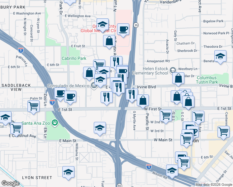 map of restaurants, bars, coffee shops, grocery stores, and more near 301 North Tustin Avenue in Santa Ana