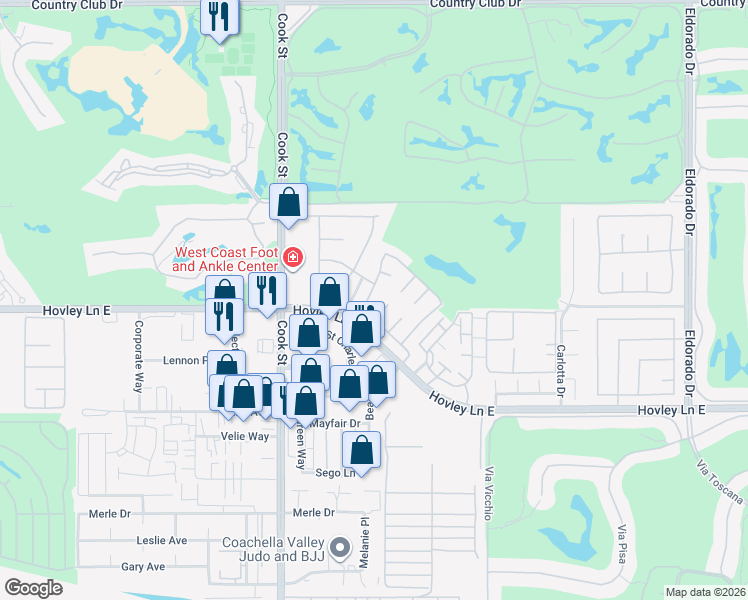 map of restaurants, bars, coffee shops, grocery stores, and more near 41930 Largo in Palm Desert