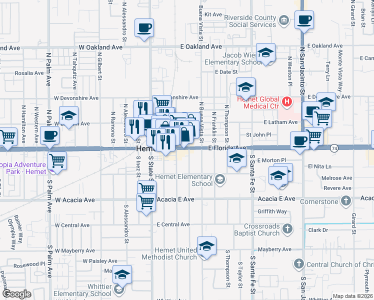 map of restaurants, bars, coffee shops, grocery stores, and more near 329 East Florida Avenue in Hemet