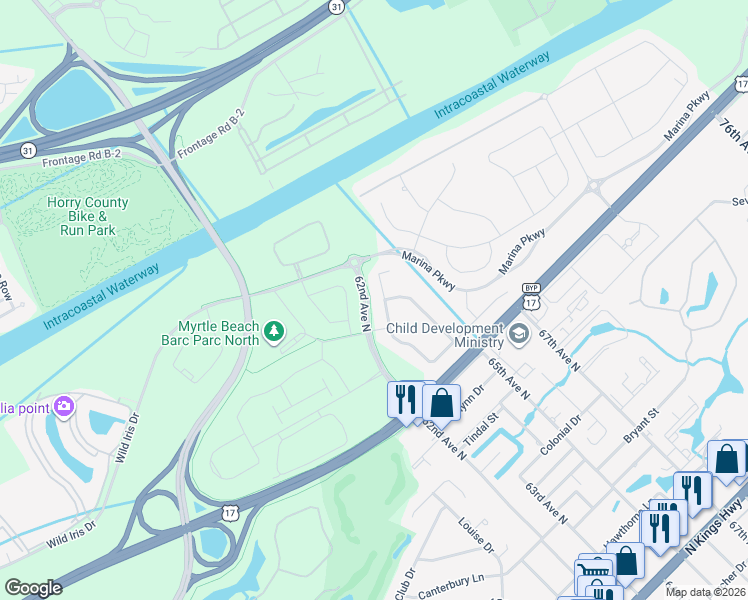 map of restaurants, bars, coffee shops, grocery stores, and more near 1150 62nd Avenue North in Myrtle Beach