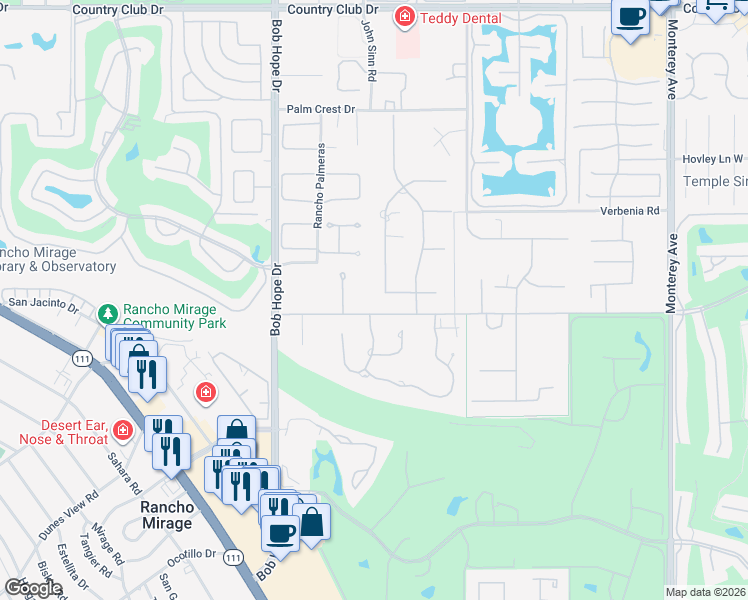 map of restaurants, bars, coffee shops, grocery stores, and more near 40745 Morningstar Road in Rancho Mirage