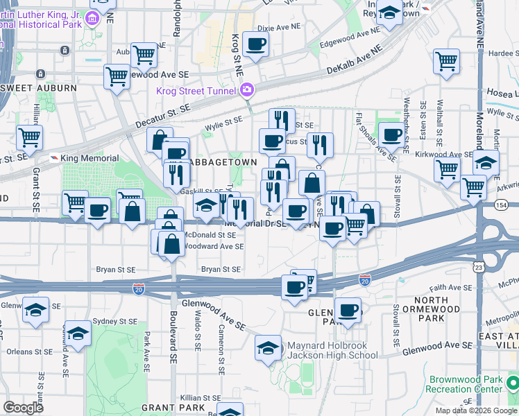 map of restaurants, bars, coffee shops, grocery stores, and more near 280 Estoria Street Southeast in Atlanta