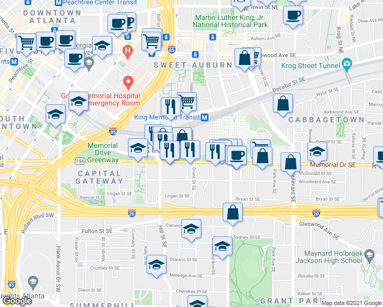 map of restaurants, bars, coffee shops, grocery stores, and more near Martin Luther King Jr Dr SE & Grant St SE in Atlanta