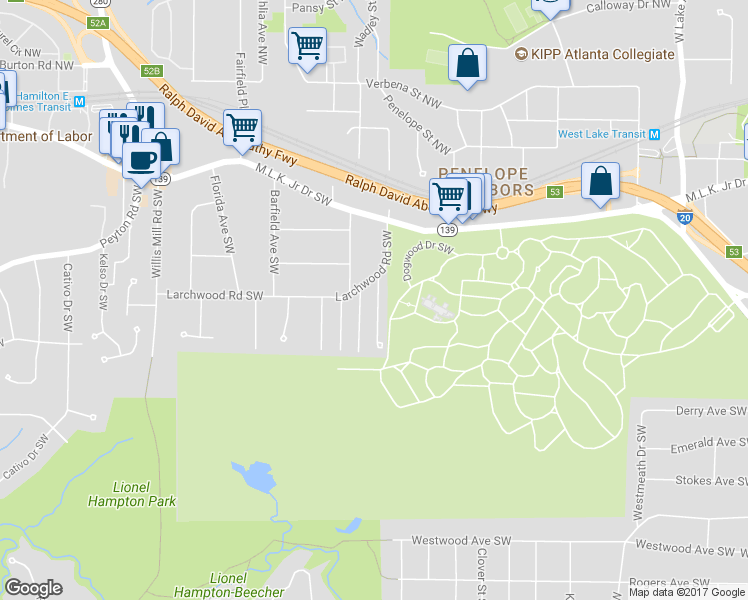 map of restaurants, bars, coffee shops, grocery stores, and more near 305 Henry Aaron Avenue Southwest in Atlanta