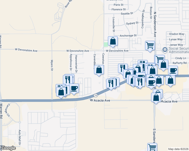 map of restaurants, bars, coffee shops, grocery stores, and more near 165 Cawston Avenue North in Hemet