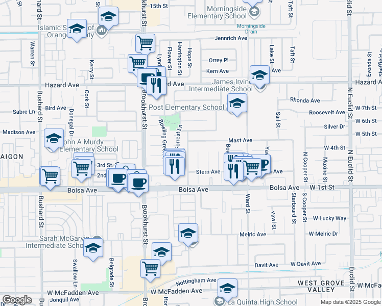 map of restaurants, bars, coffee shops, grocery stores, and more near 14882 Hope Street in Westminster