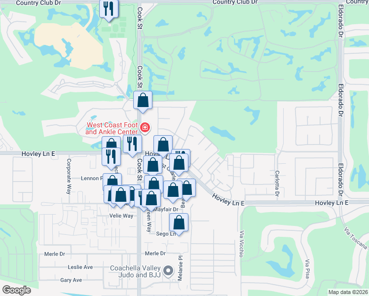 map of restaurants, bars, coffee shops, grocery stores, and more near 41930 Largo in Palm Desert