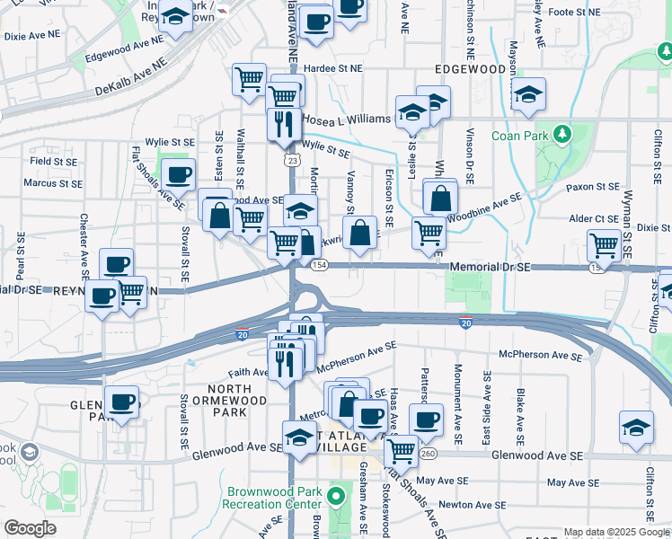 map of restaurants, bars, coffee shops, grocery stores, and more near 1237 Memorial Drive Southeast in Atlanta