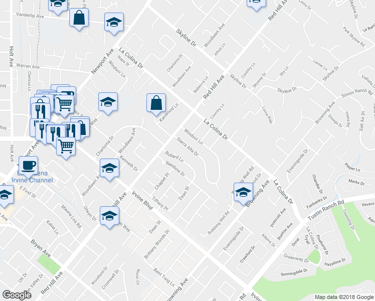 map of restaurants, bars, coffee shops, grocery stores, and more near 1602 Sierra Alta Drive in Santa Ana