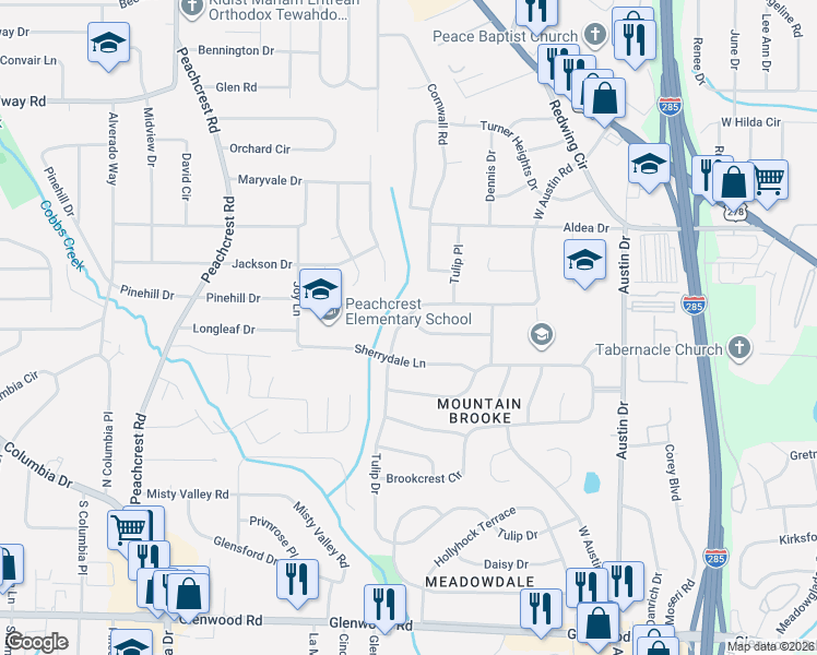 map of restaurants, bars, coffee shops, grocery stores, and more near 3356 Tulip Drive in Decatur