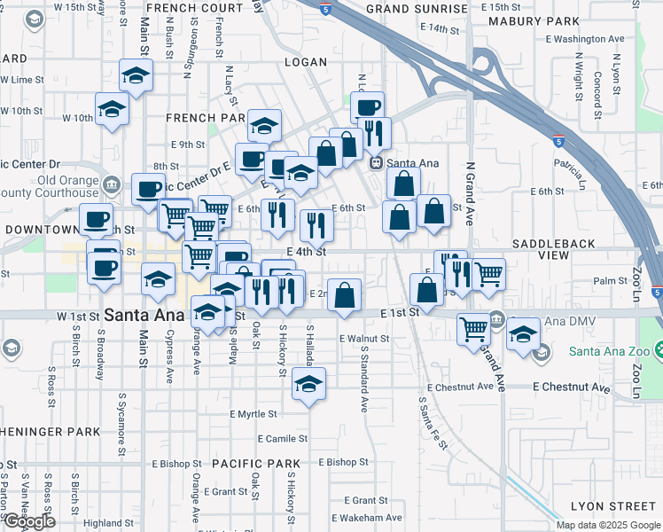 map of restaurants, bars, coffee shops, grocery stores, and more near 907 East 3rd Street in Santa Ana