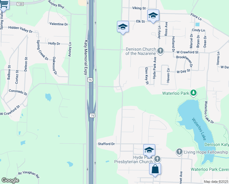 map of restaurants, bars, coffee shops, grocery stores, and more near 3260 West Crawford Street in Denison