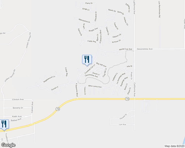 map of restaurants, bars, coffee shops, grocery stores, and more near 8197 Doral Lane in Hemet