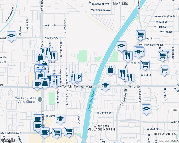 map of restaurants, bars, coffee shops, grocery stores, and more near 3118 Jeannie Common in Santa Ana