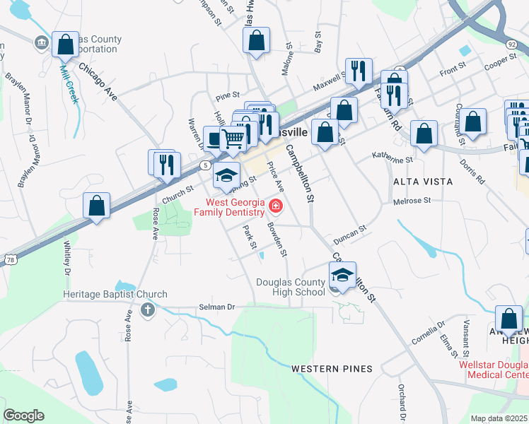map of restaurants, bars, coffee shops, grocery stores, and more near 4105 Clark Street in Douglasville