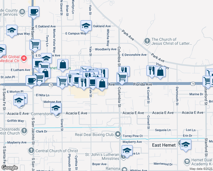 map of restaurants, bars, coffee shops, grocery stores, and more near 2325 East Florida Avenue in Hemet