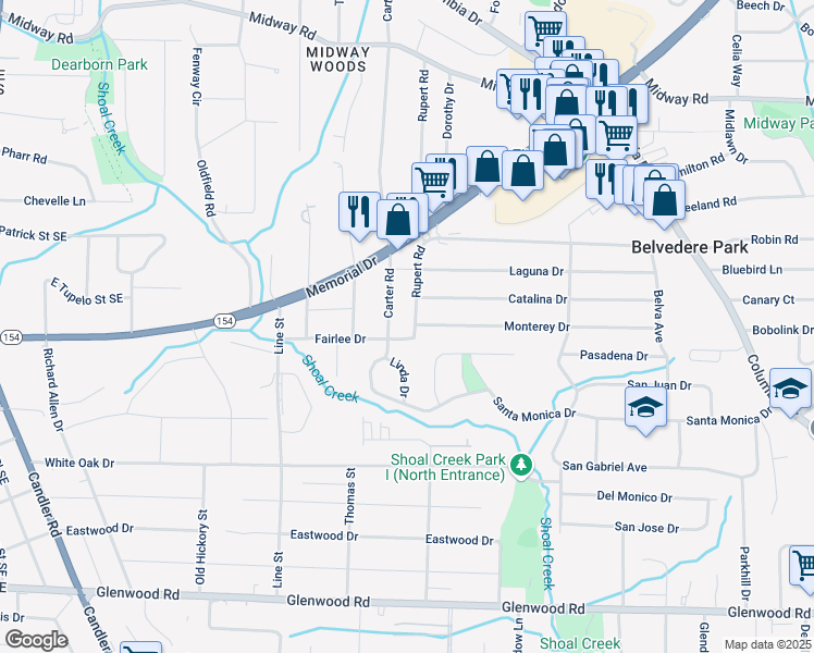 map of restaurants, bars, coffee shops, grocery stores, and more near 1555 Rupert Road in Decatur