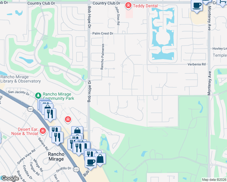 map of restaurants, bars, coffee shops, grocery stores, and more near 72200 Clancy Lane South in Rancho Mirage