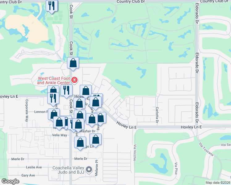 map of restaurants, bars, coffee shops, grocery stores, and more near 75325 Pino Drive in Palm Desert