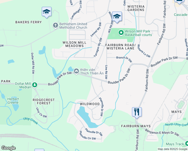 map of restaurants, bars, coffee shops, grocery stores, and more near 3964 Boulder Park Drive Southwest in Atlanta