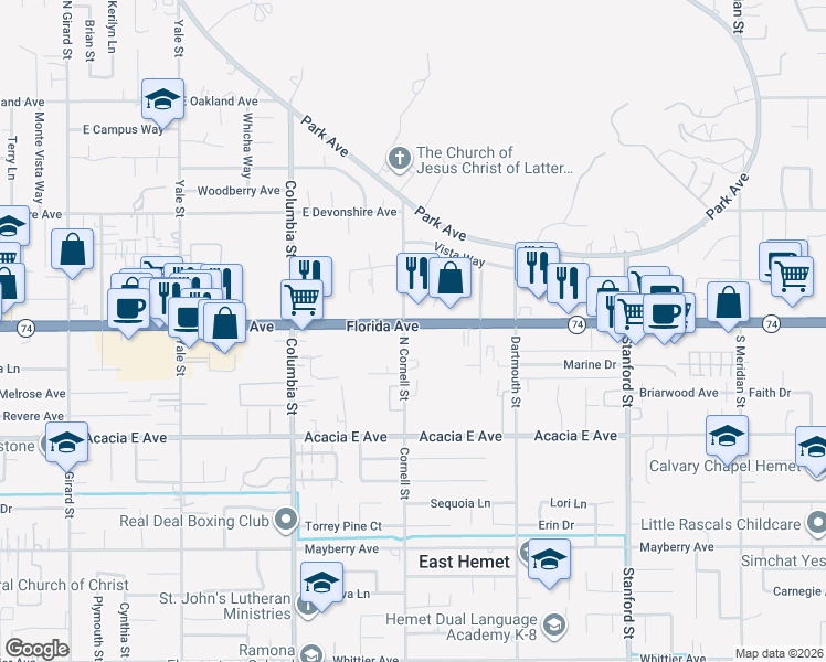 map of restaurants, bars, coffee shops, grocery stores, and more near 41267 East Florida Avenue in Hemet