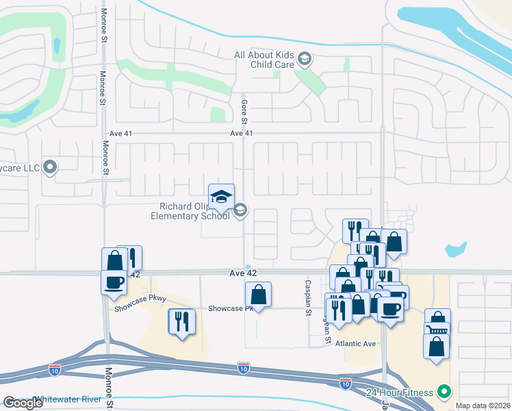 map of restaurants, bars, coffee shops, grocery stores, and more near 82549 Tivoli Court in Indio
