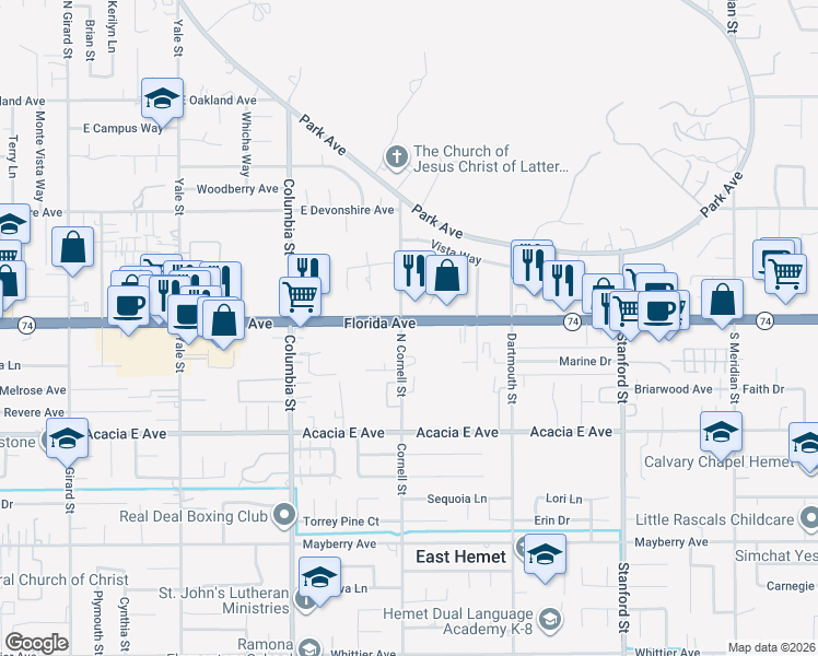 map of restaurants, bars, coffee shops, grocery stores, and more near 41267 East Florida Avenue in Hemet