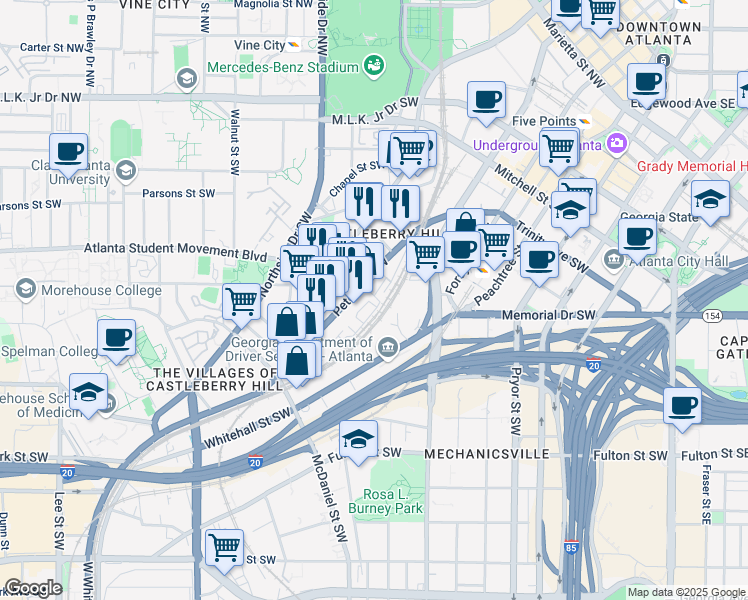 map of restaurants, bars, coffee shops, grocery stores, and more near 260 Castleberry Station Drive Southwest in Atlanta