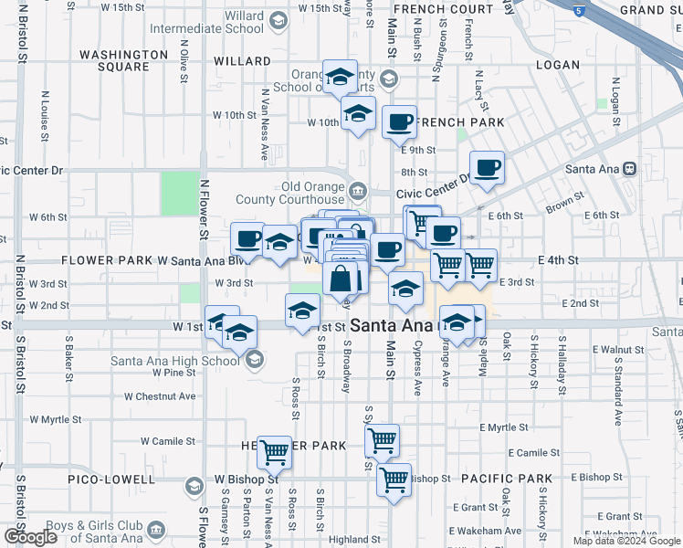 map of restaurants, bars, coffee shops, grocery stores, and more near 306 North Broadway in Santa Ana