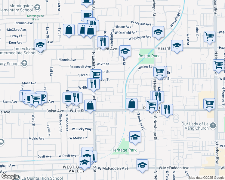 map of restaurants, bars, coffee shops, grocery stores, and more near 323 South Euclid Street in Santa Ana