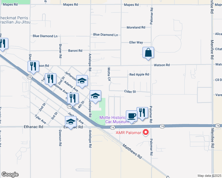 map of restaurants, bars, coffee shops, grocery stores, and more near 25662 Corbis Street in Menifee