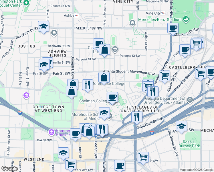 map of restaurants, bars, coffee shops, grocery stores, and more near 260 James P Brawley Drive Southwest in Atlanta