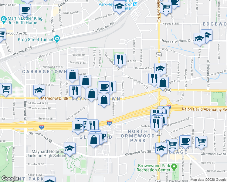 map of restaurants, bars, coffee shops, grocery stores, and more near Gibson Street Southeast in Atlanta