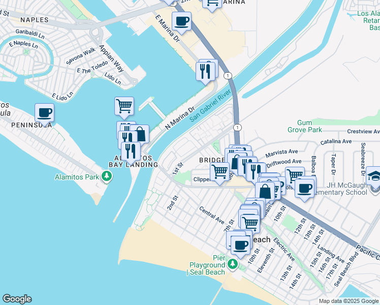 map of restaurants, bars, coffee shops, grocery stores, and more near 18 Cottonwood Lane in Seal Beach